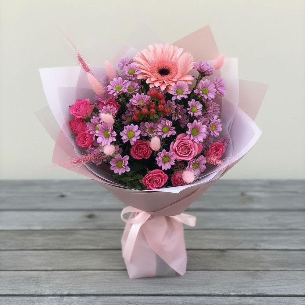 Букет цветов из: Розы, Герберы и Хризантемы в Юшково