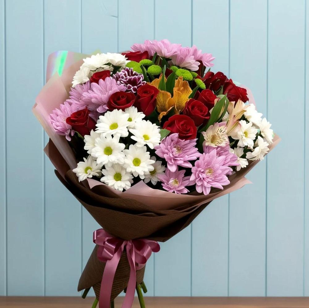 Букет цветов из: Розы, Хризантемы и Альстромерии в Юшково