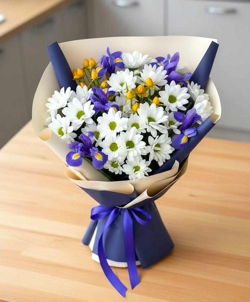 Букет цветов из: Розы, Ирисы и Хризантемы в Юшково